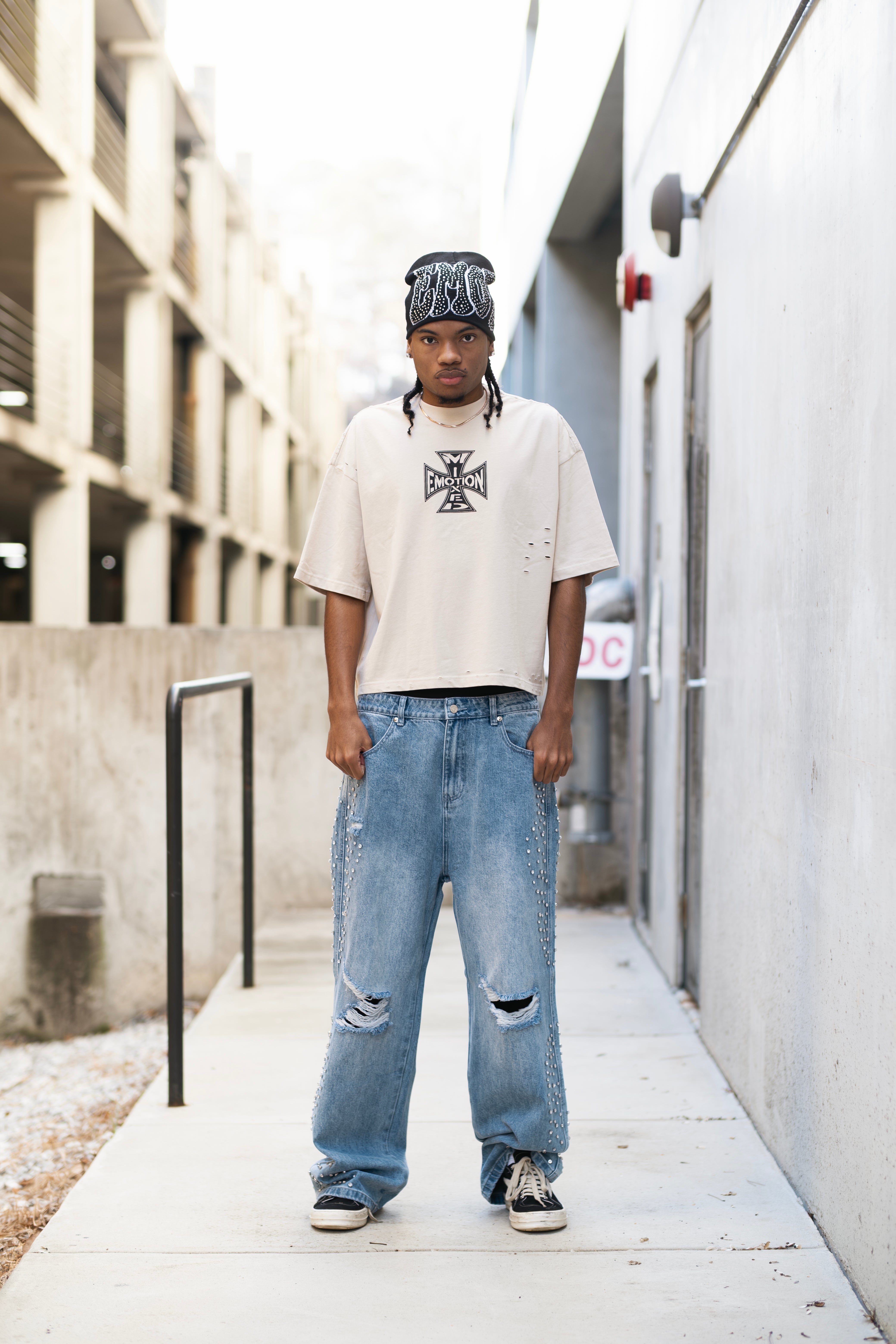 MIXED EMOTION Ripped Rhinestone Wide‑Leg Jeans