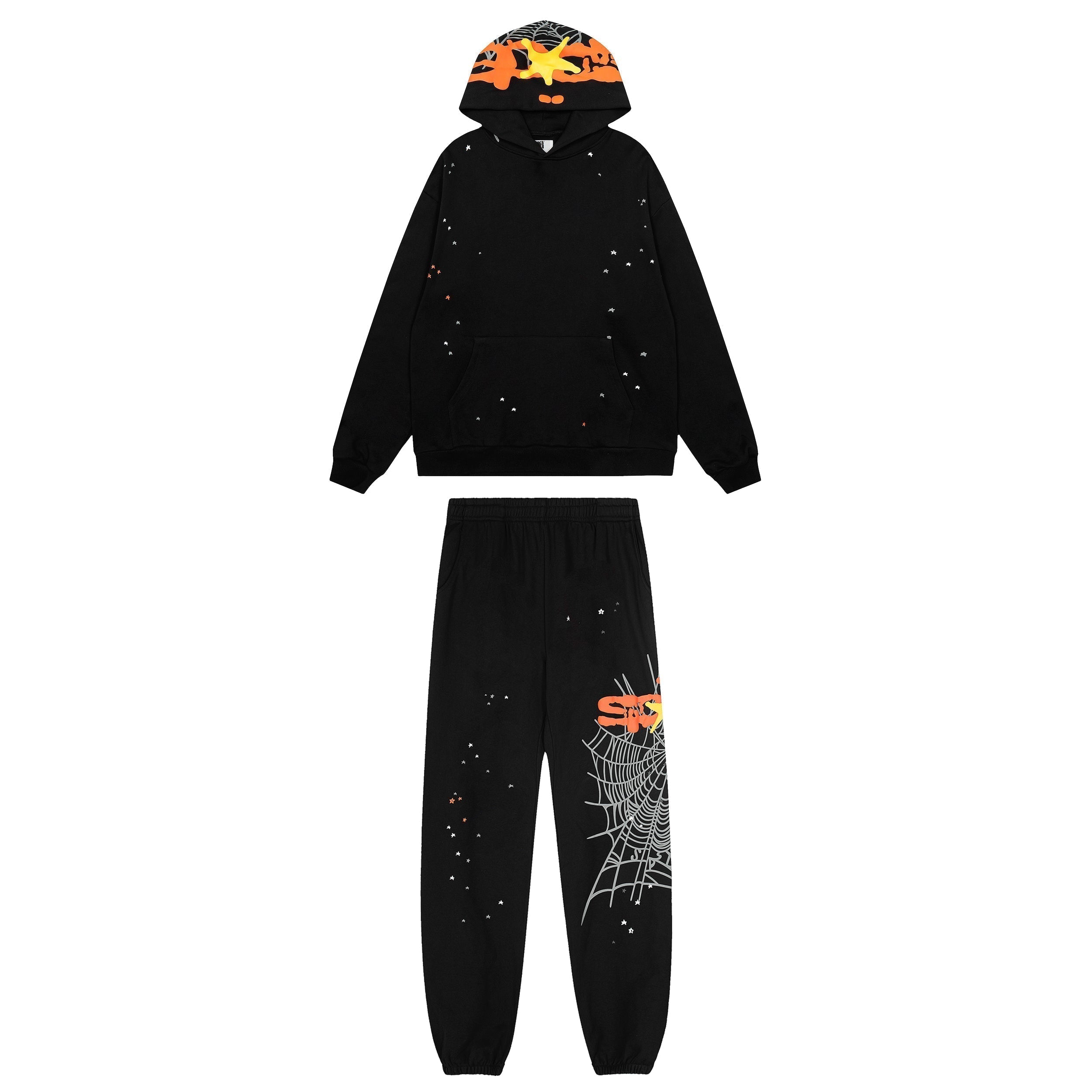 Sp5der Hood‑Print Star Splatter Pullover Hoodie
