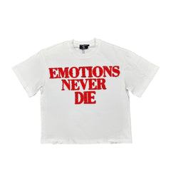 Emotions Never Die Text Print White Cropped T‑Shirt