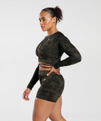 Gymshark Adapt Camo Seamless Ribbed Long Sleeve Crop Top - Black/Camo Brown