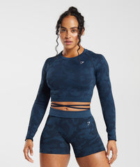Gymshark Adapt Camo Seamless Ribbed Long Sleeve Crop Top - Midnight Blue/Ash Blue