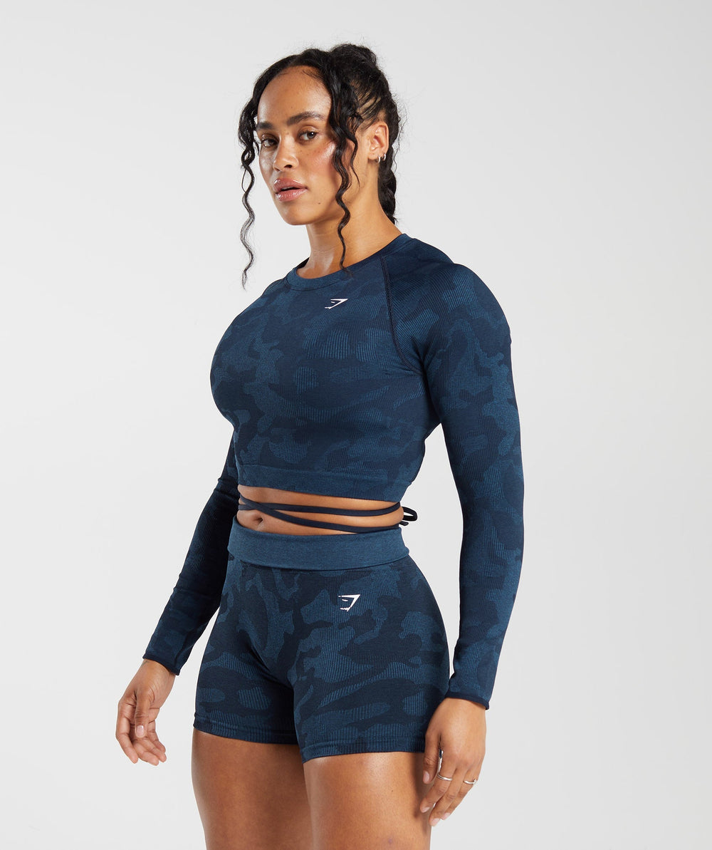 Gymshark Adapt Camo Seamless Ribbed Long Sleeve Crop Top - Midnight Blue/Ash Blue