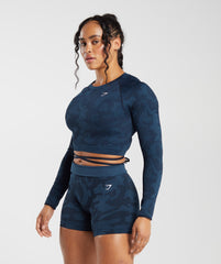 Gymshark Adapt Camo Seamless Ribbed Long Sleeve Crop Top - Midnight Blue/Ash Blue