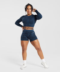 Gymshark Adapt Camo Seamless Ribbed Long Sleeve Crop Top - Midnight Blue/Ash Blue