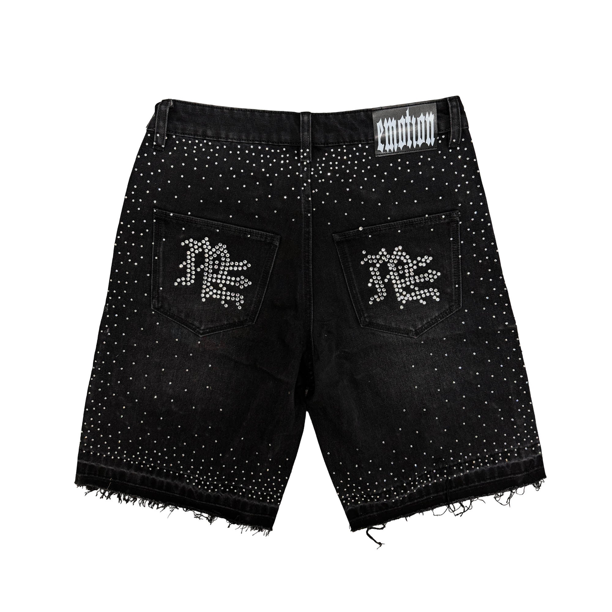 MIXED EMOTION Rhinestone Graphic Frayed Black Denim Shorts