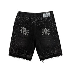 MIXED EMOTION Rhinestone Graphic Frayed Black Denim Shorts