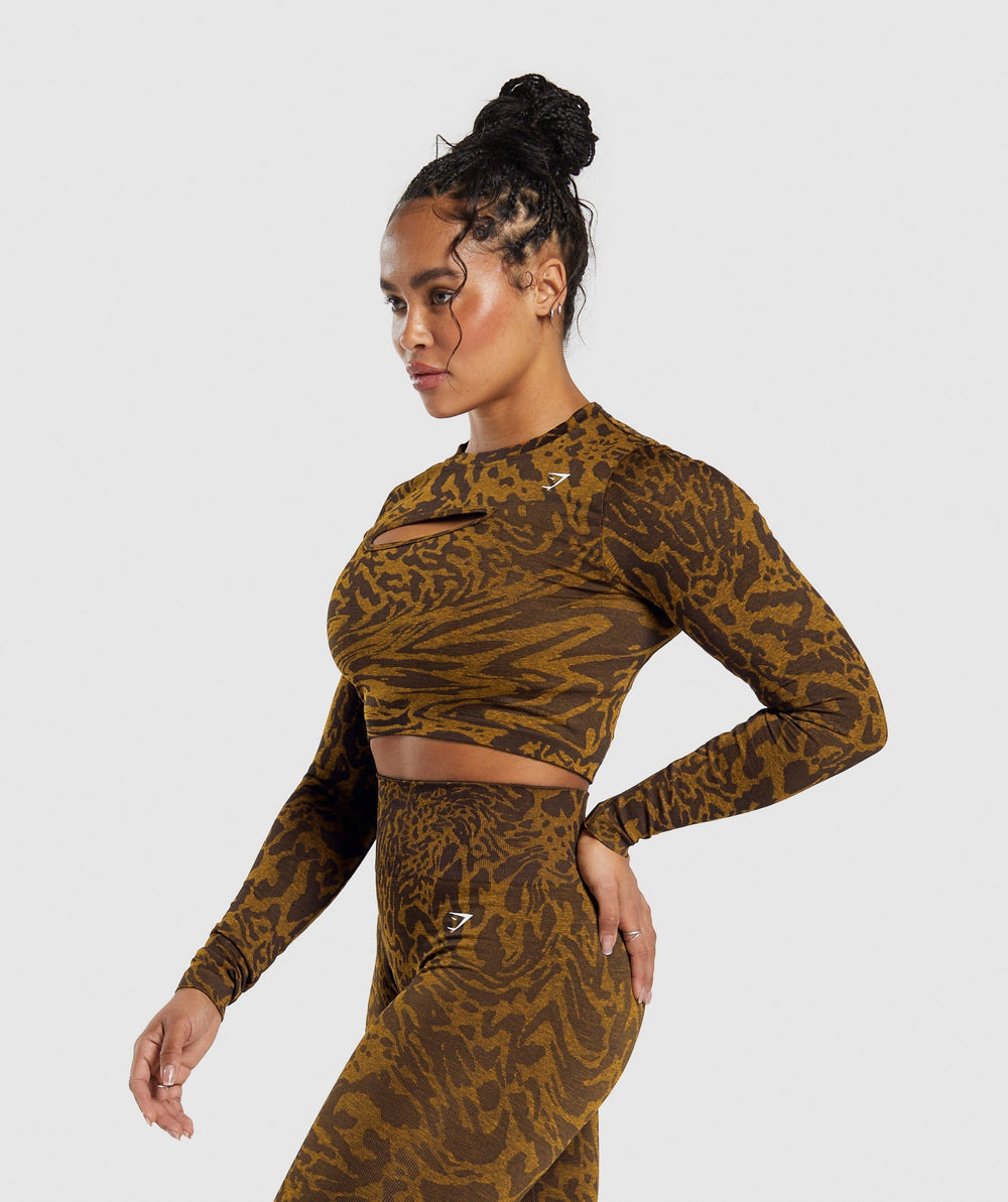 Gymshark Adapt Safari Seamless Long Sleeve Crop Top - Archive Brown/Burnt Yellow
