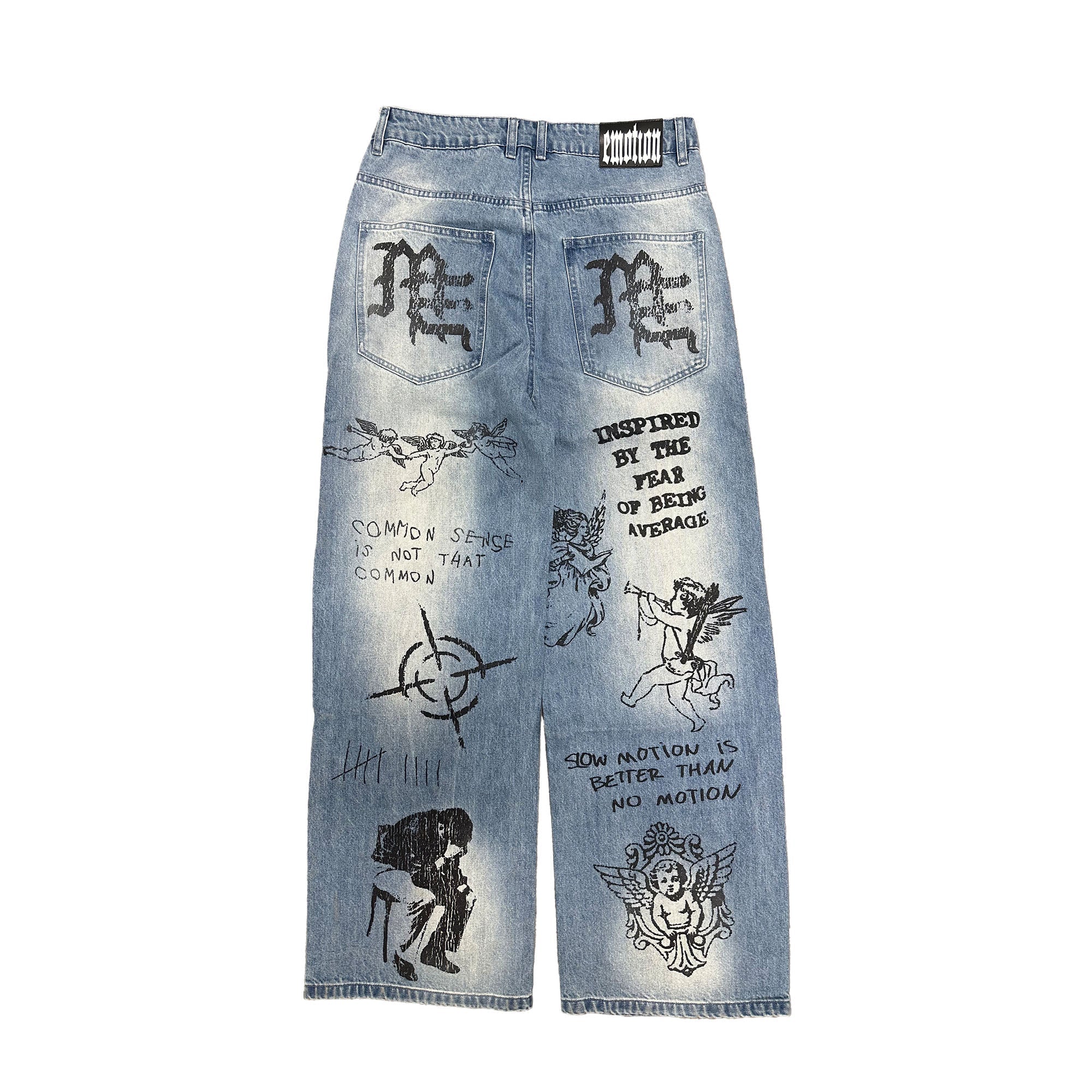 MIXED EMOTION Graphic Print Wide‑Leg Blue Jeans