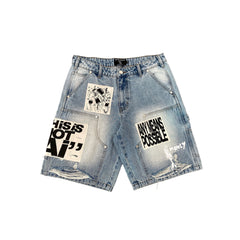 MIXED EMOTION Patchwork Distressed Denim Streetwear Shorts
