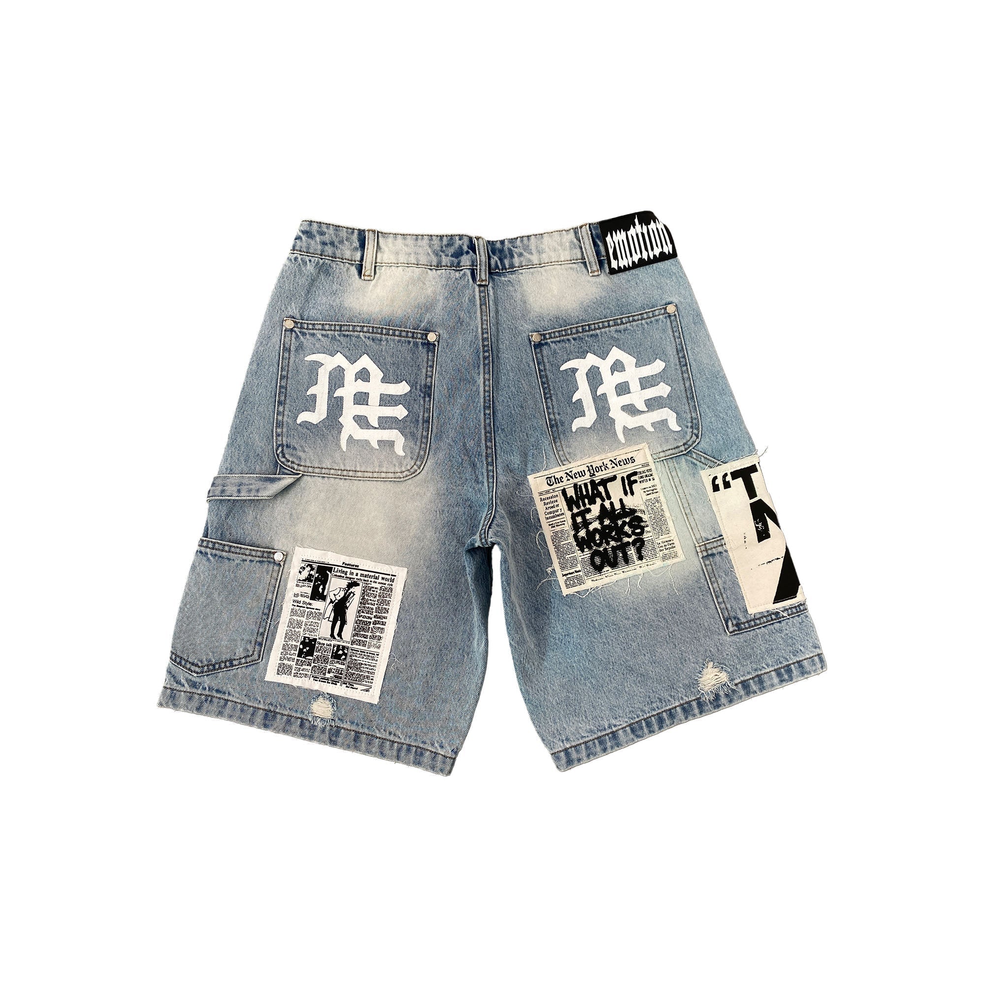 MIXED EMOTION Patchwork Distressed Denim Streetwear Shorts