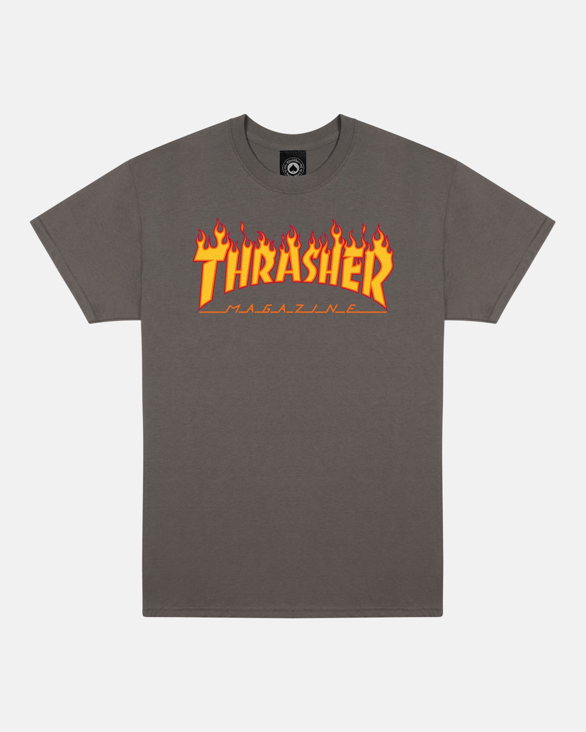 THRASHER Flame Logo Charcoal Grey Short‑Sleeve T‑Shirt