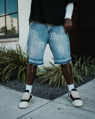 MIXED EMOTION Rhinestone Graphic Light‑Wash Denim Streetwear Shorts