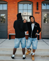 MIXED EMOTION Rhinestone Graphic Light‑Wash Denim Streetwear Shorts