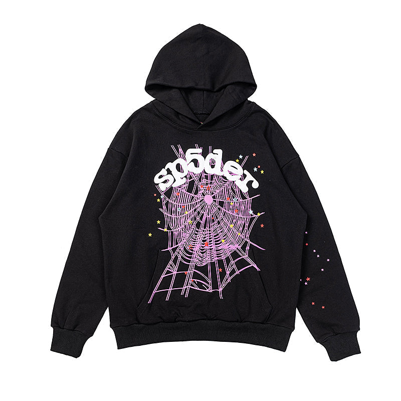 Sp5der Pink Spider‑Web Colorful Splatter Black Pullover Hoodie