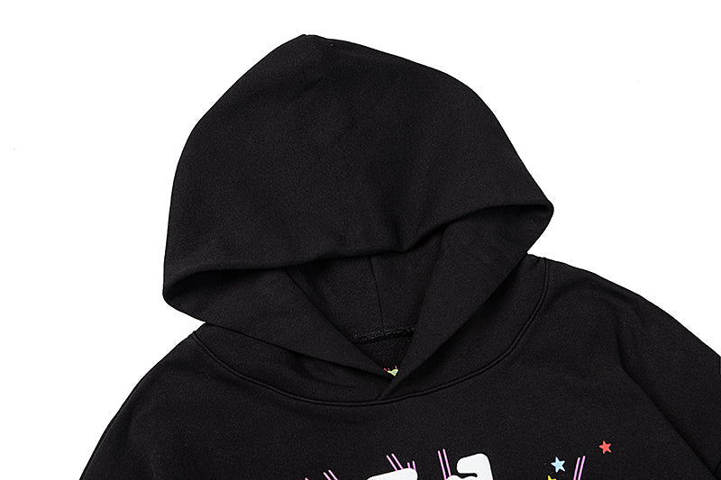 Sp5der Pink Spider‑Web Colorful Splatter Black Pullover Hoodie