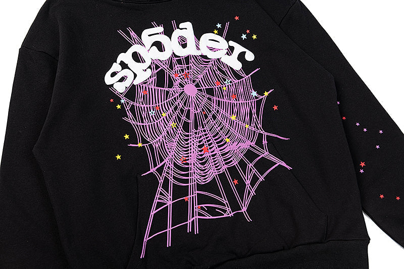Sp5der Pink Spider‑Web Colorful Splatter Black Pullover Hoodie