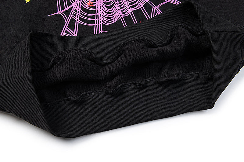 Sp5der Pink Spider‑Web Colorful Splatter Black Pullover Hoodie