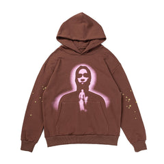 Sp5der Portrait Graphic Brown Pullover Hoodie
