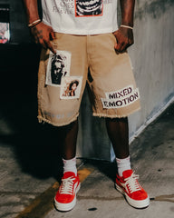 MIXED EMOTION Photo Patchwork Frayed Brown Denim Streetwear Shorts