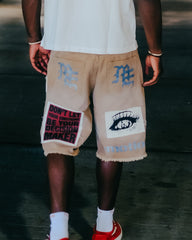 MIXED EMOTION Photo Patchwork Frayed Brown Denim Streetwear Shorts
