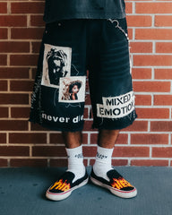 MIXED EMOTION Photo Patchwork Frayed Black Denim Streetwear Shorts