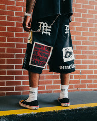 MIXED EMOTION Photo Patchwork Frayed Black Denim Streetwear Shorts