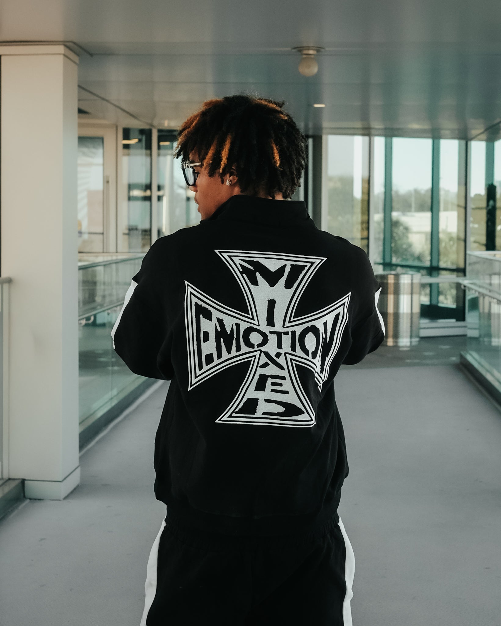 MIXED EMOTION Cross Graphic Quarter‑Zip Pullover Sweatshirt