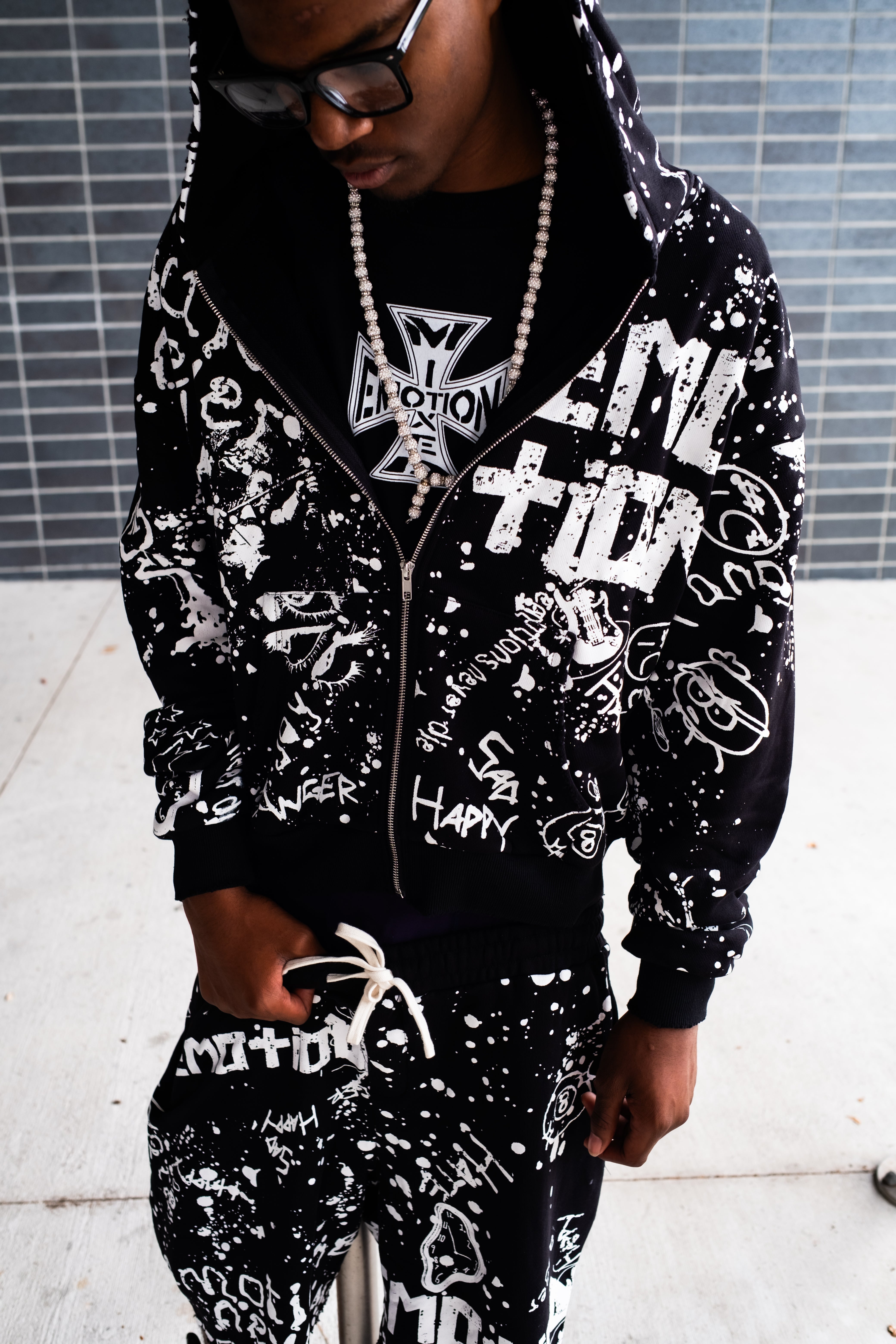 MIXED EMOTION All‑Over Graffiti Print Full‑Zip Hoodie