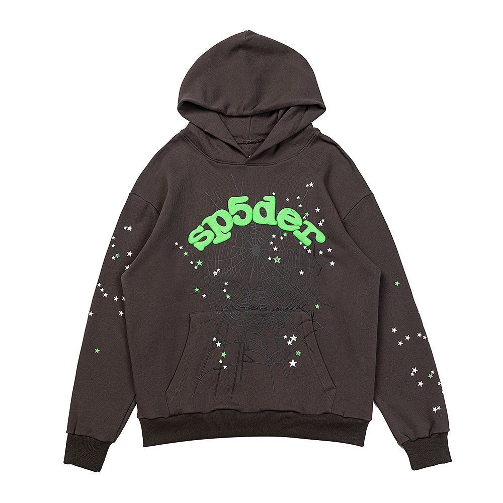 Sp5der Green Logo Splatter Dark Brown Pullover Hoodie