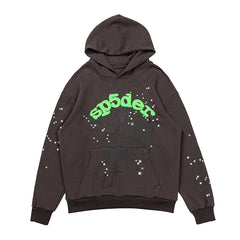Sp5der Green Logo Splatter Dark Brown Pullover Hoodie