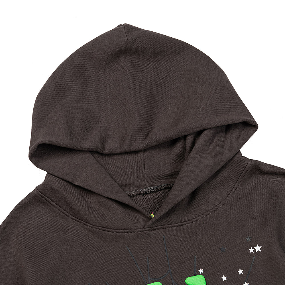 Sp5der Green Logo Splatter Dark Brown Pullover Hoodie