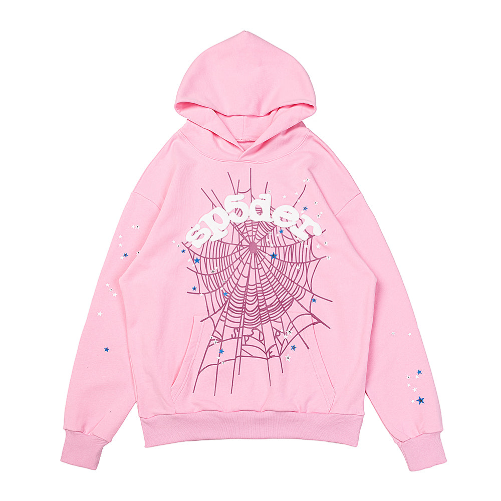 Sp5der Spider‑Web Blue Splatter Pink Pullover Hoodie