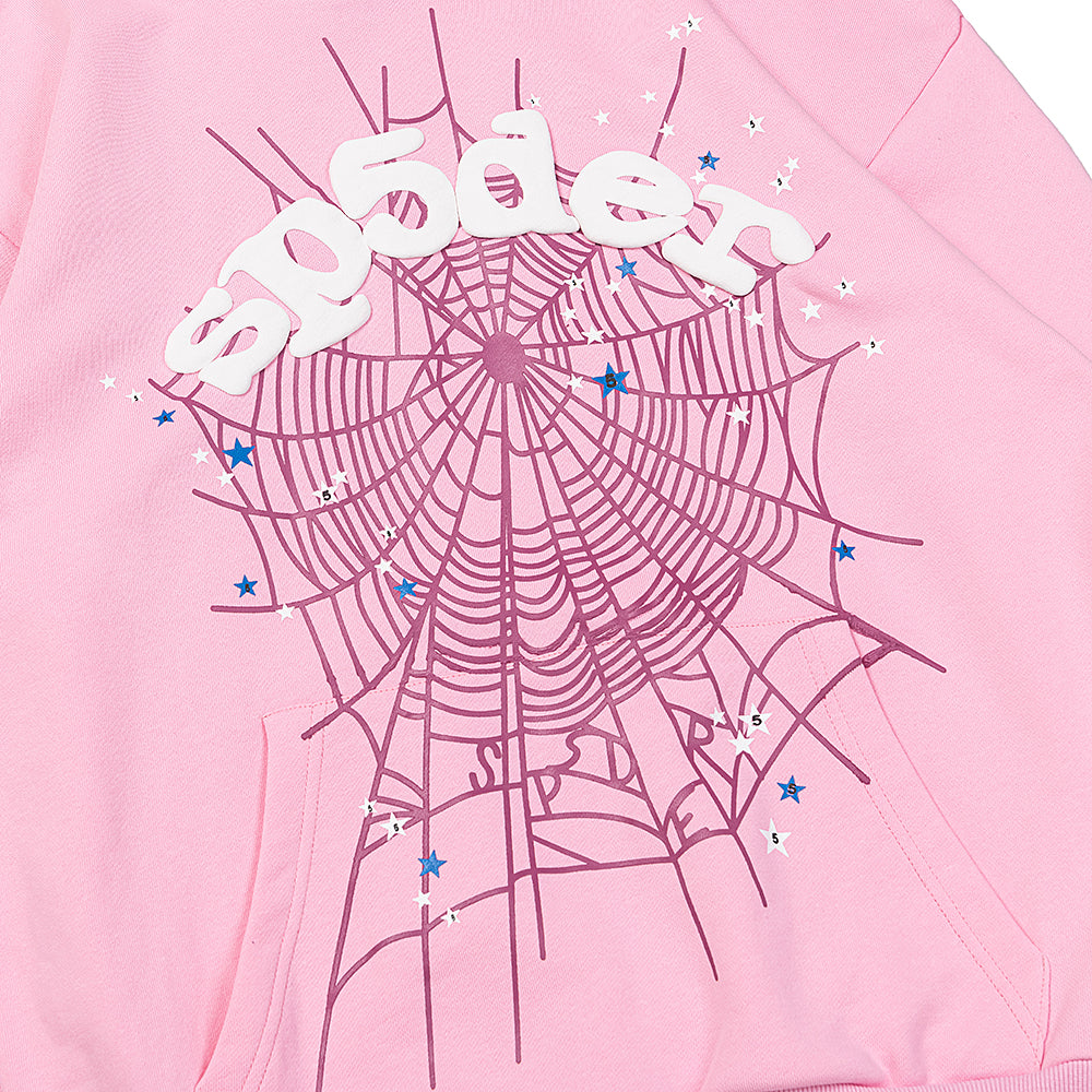 Sp5der Spider‑Web Blue Splatter Pink Pullover Hoodie