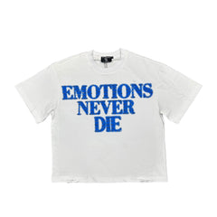 Emotions Never Die Distressed Letter Print White Cropped T‑Shirt