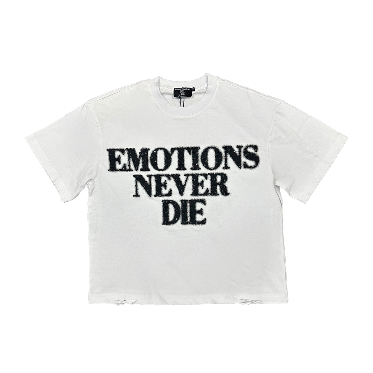 Emotions Never Die Black Distressed Letter Print White Cropped T‑Shirt