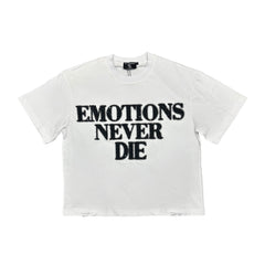 Emotions Never Die Black Distressed Letter Print White Cropped T‑Shirt