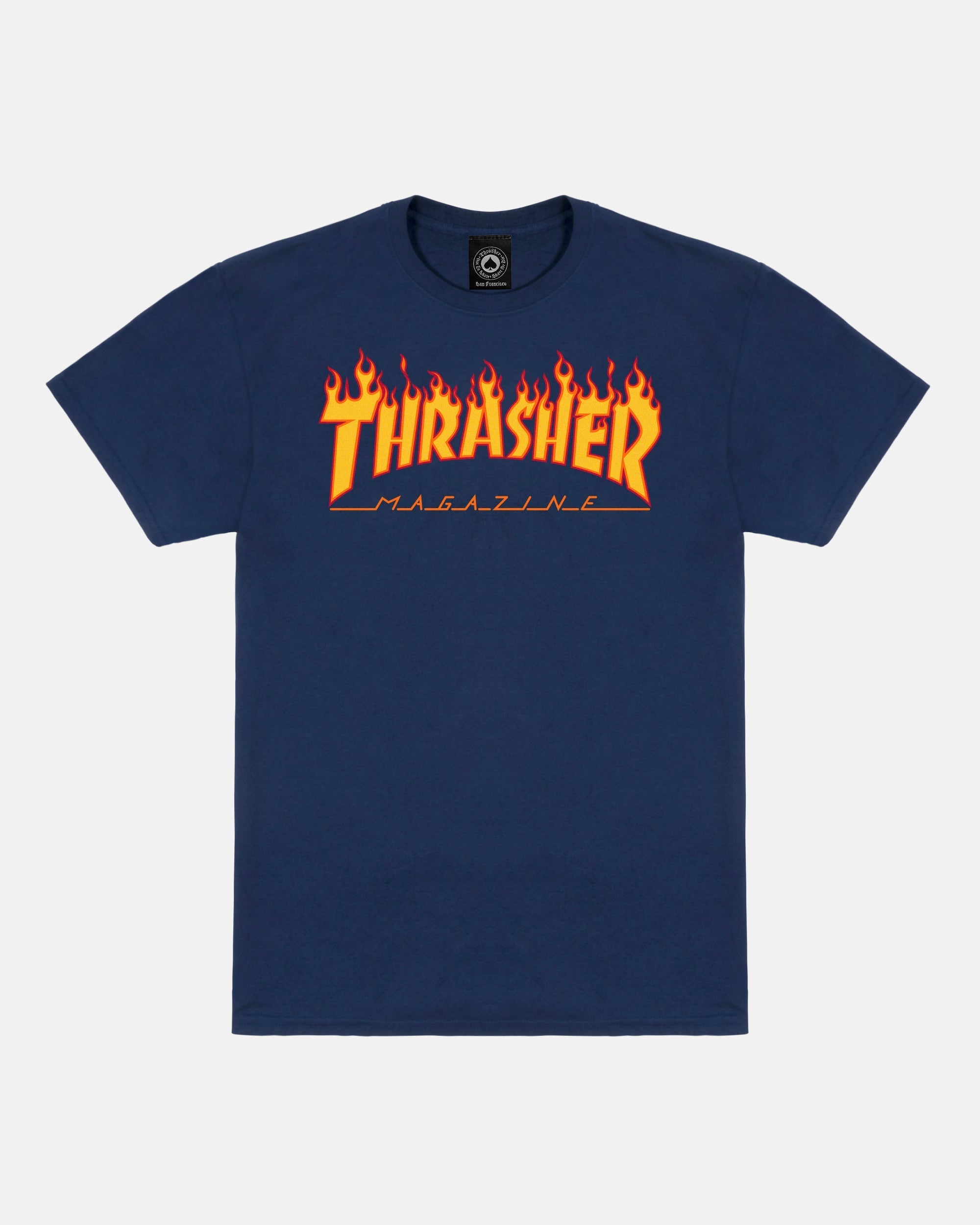 THRASHER Flame Logo Navy Blue Short‑Sleeve T‑Shirt
