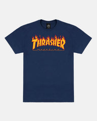 THRASHER Flame Logo Navy Blue Short‑Sleeve T‑Shirt
