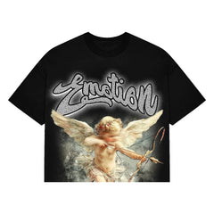 MIXED EMOTION Cupid Angel Vintage Graphic Black Cropped T‑Shirt