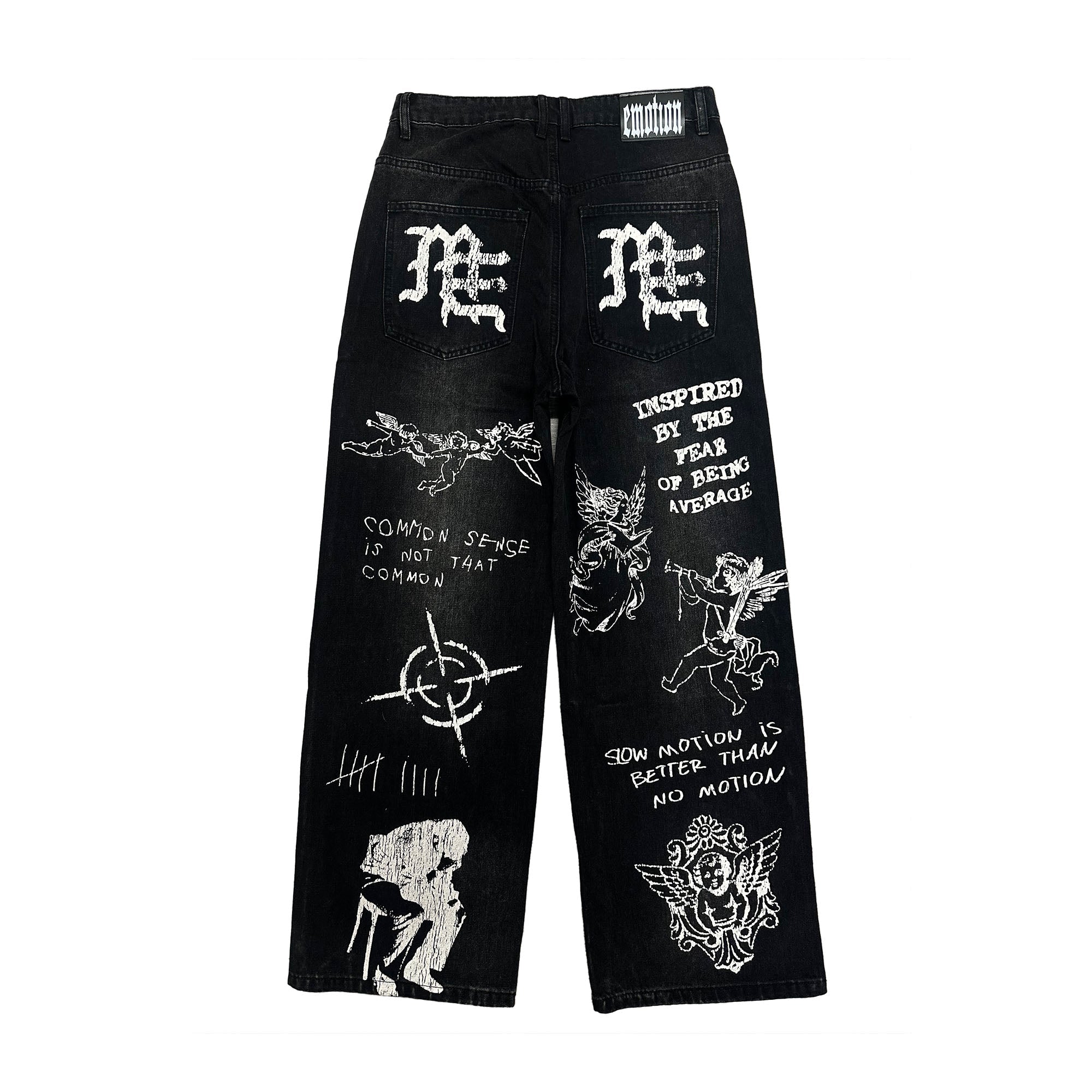 MIXED EMOTION All‑Over Graphic Print Black Wide‑Leg Jeans