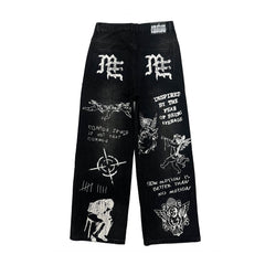 MIXED EMOTION All‑Over Graphic Print Black Wide‑Leg Jeans