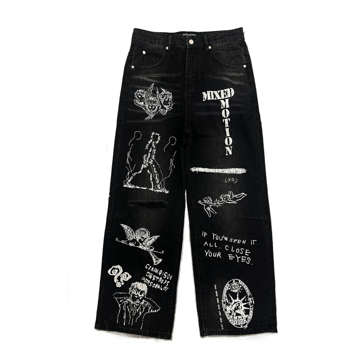 MIXED EMOTION All‑Over Graphic Print Black Wide‑Leg Jeans