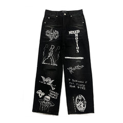 MIXED EMOTION All‑Over Graphic Print Black Wide‑Leg Jeans
