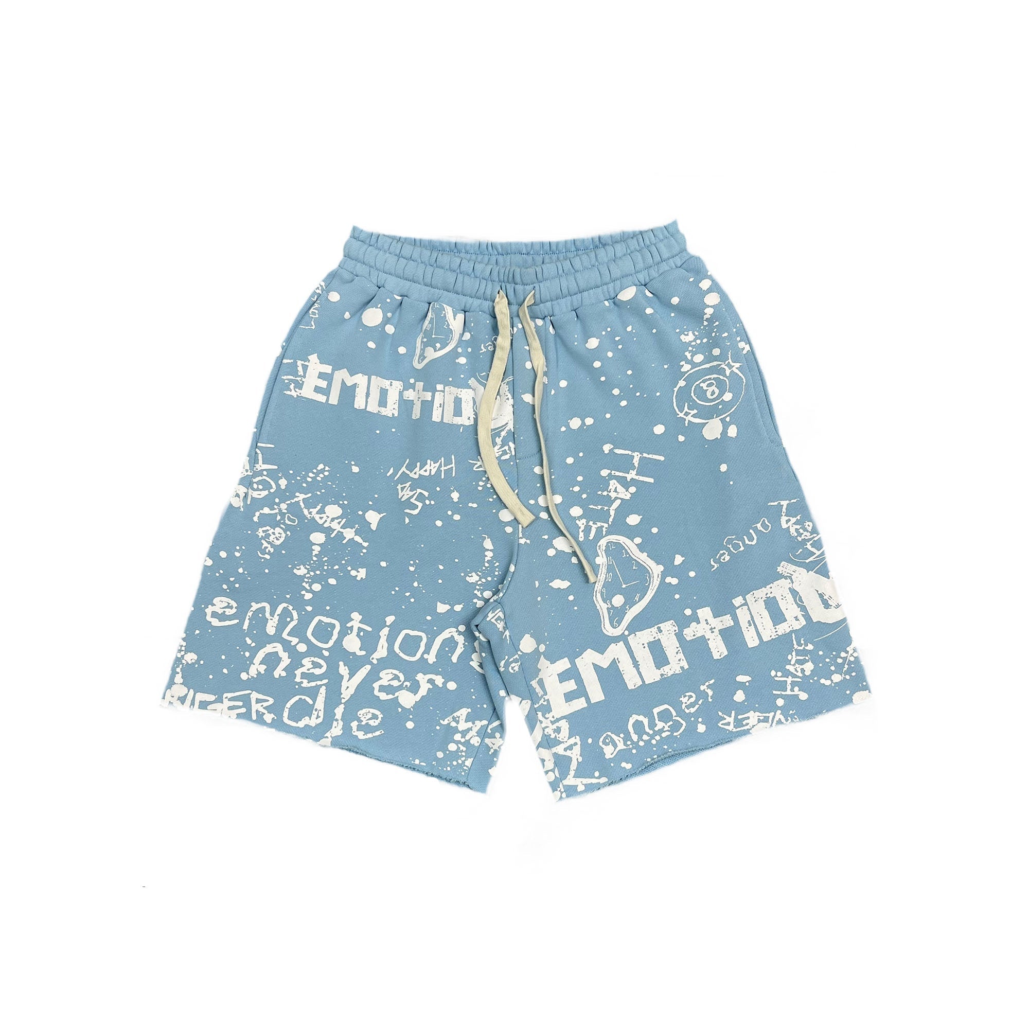 MIXED EMOTION Graffiti Text Print Light‑Blue Streetwear Shorts