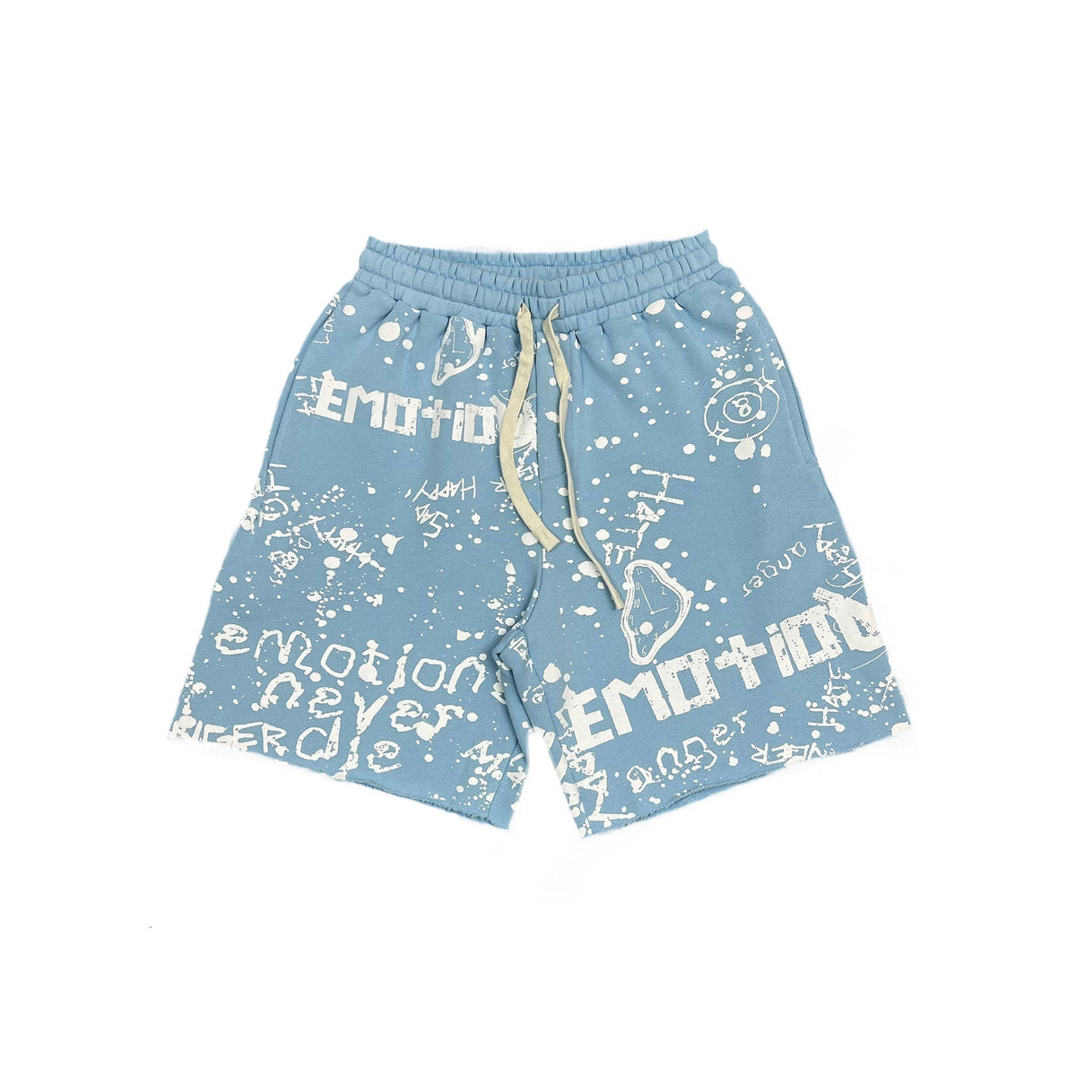 MIXED EMOTION Graffiti Text Print Light‑Blue Streetwear Shorts