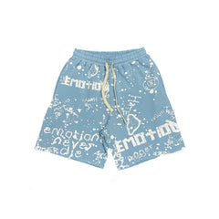MIXED EMOTION Graffiti Text Print Light‑Blue Streetwear Shorts