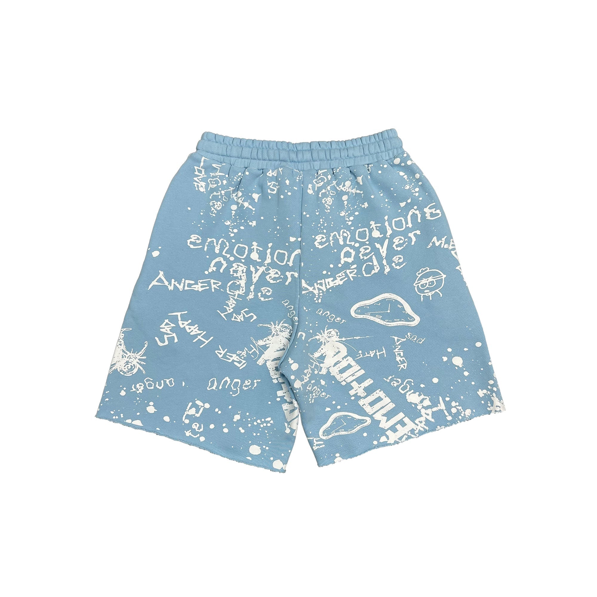 MIXED EMOTION Graffiti Text Print Light‑Blue Streetwear Shorts