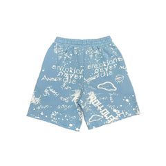 MIXED EMOTION Graffiti Text Print Light‑Blue Streetwear Shorts