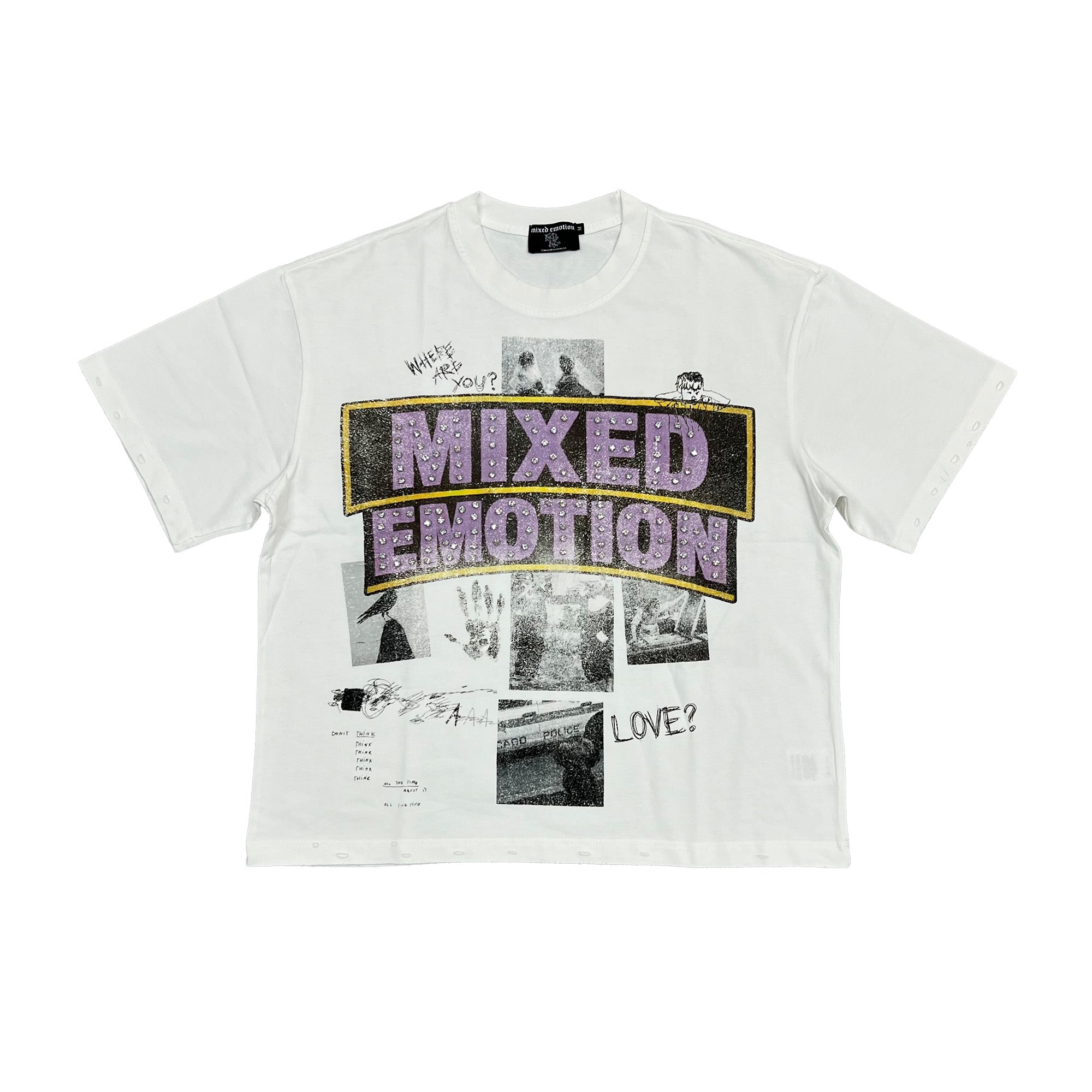 MIXED EMOTION Vintage Collage Back‑Print White Cropped T‑Shirt
