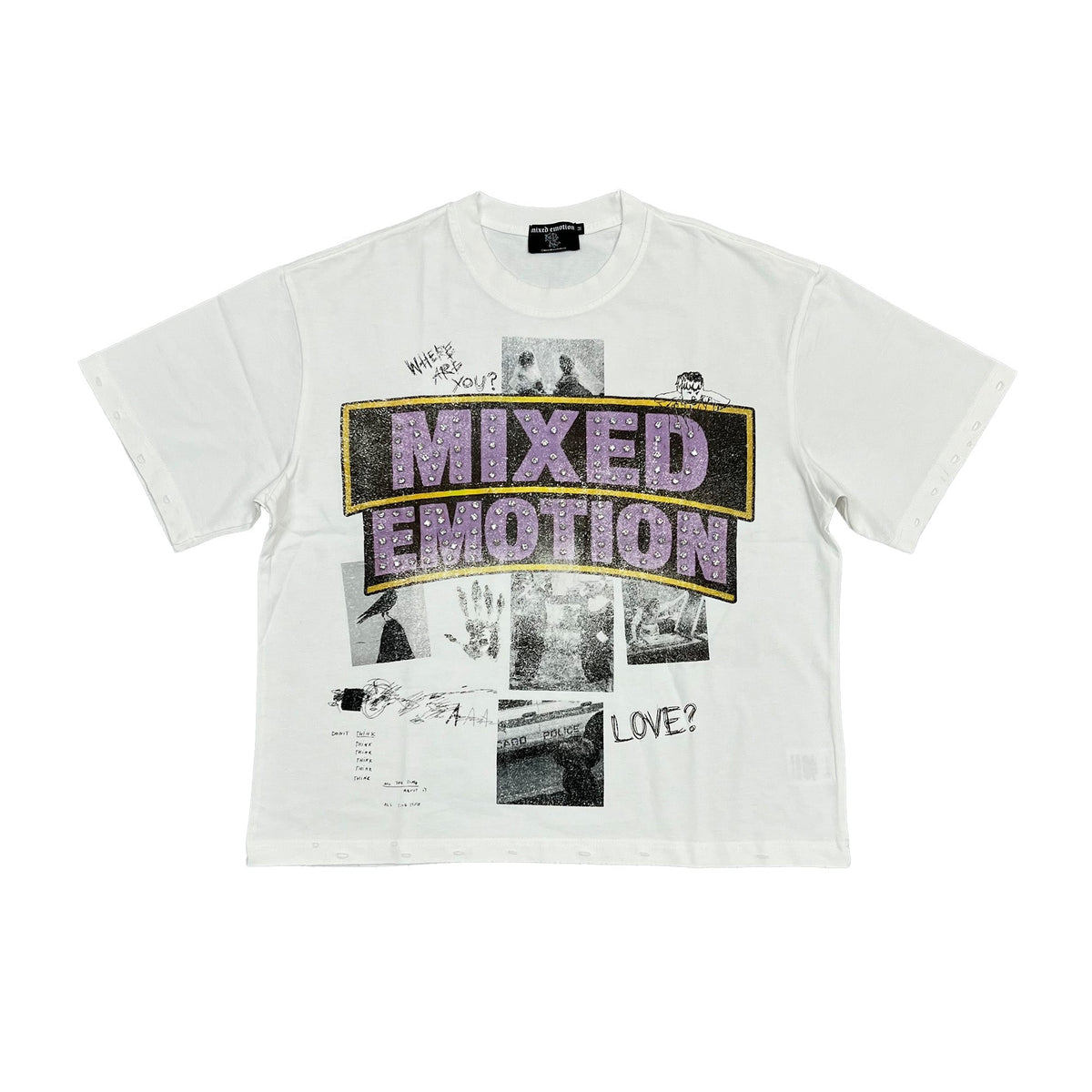 MIXED EMOTION Vintage Collage Back‑Print White Cropped T‑Shirt